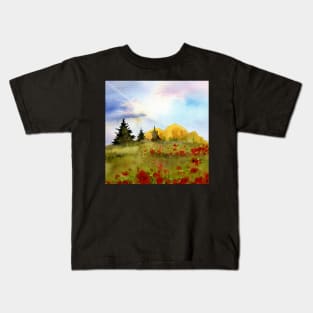 Watercolor Poppy Field Nature Landscape Kids T-Shirt